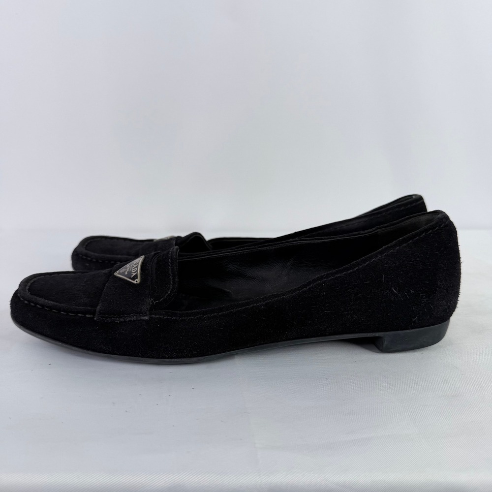 Prada Loafers Women Size 37 Black Suede Triangle Logo Flat Shoes Made in Italy - Picture 8 of 13